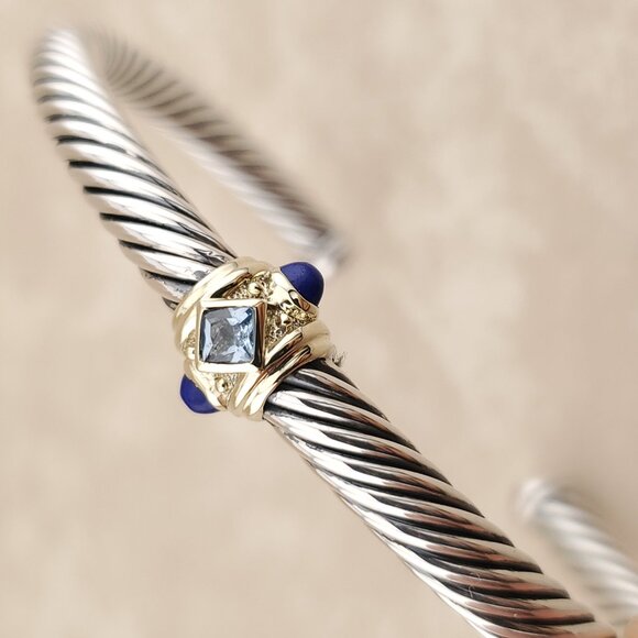 David Yurman Cable Bracelet in Sterling Silver  & 14K Gold w Blue Topaz & Lazuli - Picture 6 of 8